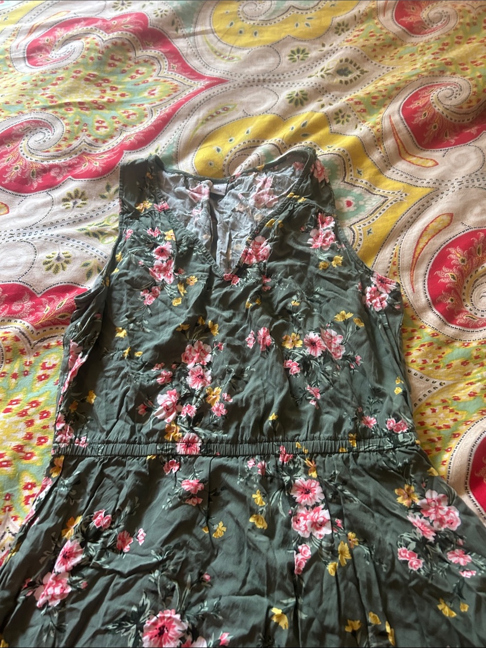 Old Navy Olive Green Floral Maxi Dress with Pink & Yellow Blooms